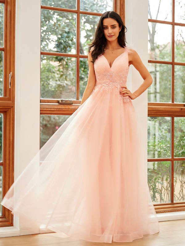 A-Line/Princess Tulle Applique V-neck Sleeveless Floor-Length Dresses 5220