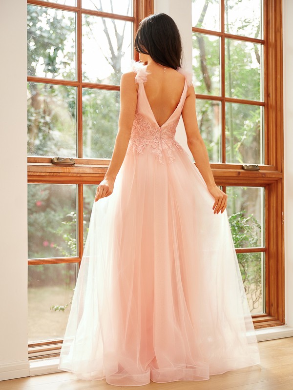 A-Line/Princess Tulle Applique V-neck Sleeveless Floor-Length Dresses 5220