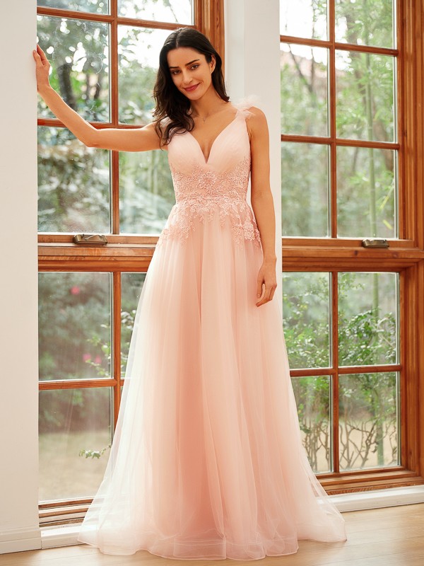 A-Line/Princess Tulle Applique V-neck Sleeveless Floor-Length Dresses 5220