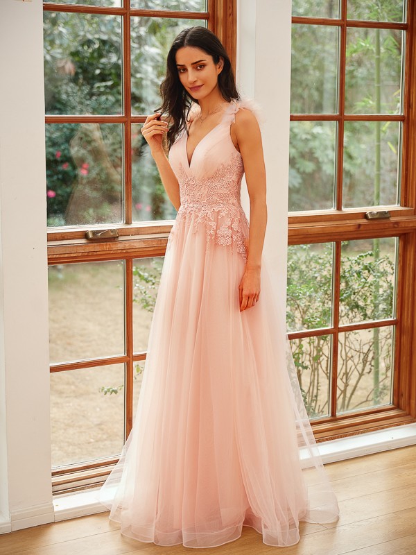 A-Line/Princess Tulle Applique V-neck Sleeveless Floor-Length Dresses 5220