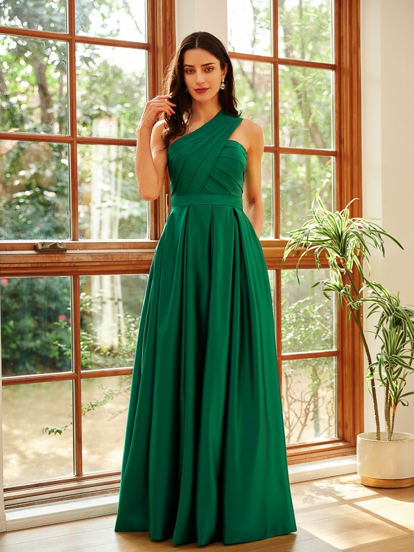 A-Line/Princess Satin Ruched One-Shoulder Sleeveless Floor-Length Dresses 4127