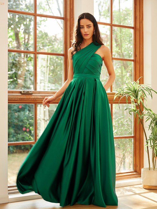 A-Line/Princess Satin Ruched One-Shoulder Sleeveless Floor-Length Dresses 4127