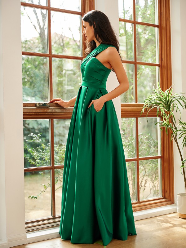 A-Line/Princess Satin Ruched One-Shoulder Sleeveless Floor-Length Dresses 4127