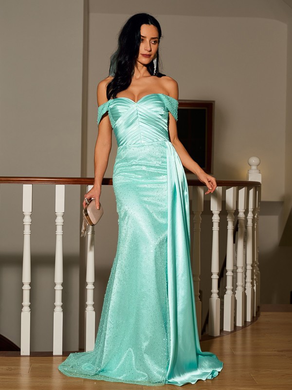 Sheath/Column Elastic Woven Satin Ruched Off-the-Shoulder Sleeveless Sweep/Brush Train Dresses 5897