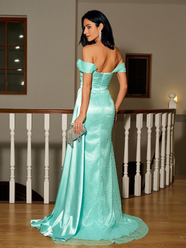 Sheath/Column Elastic Woven Satin Ruched Off-the-Shoulder Sleeveless Sweep/Brush Train Dresses 5897