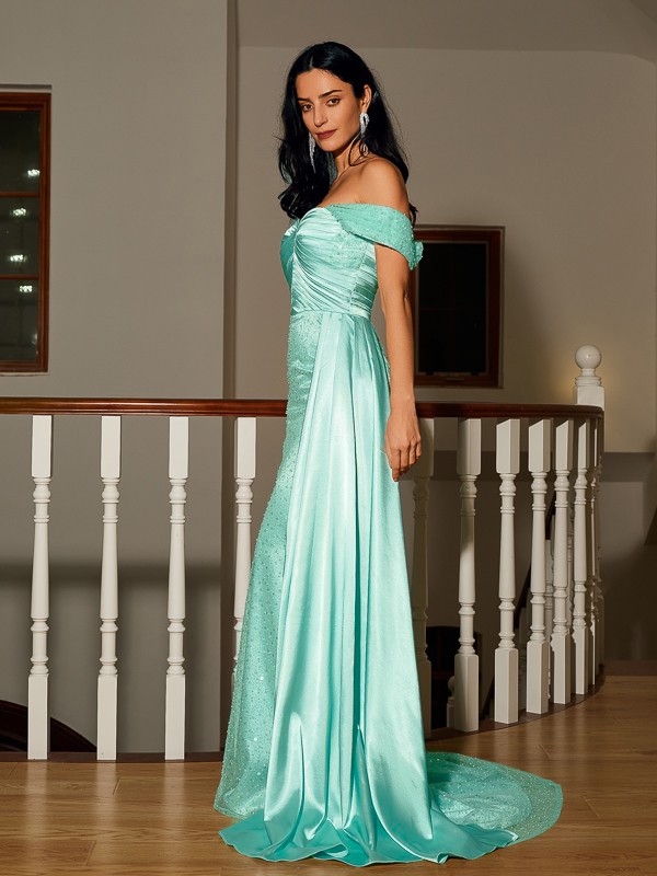 Sheath/Column Elastic Woven Satin Ruched Off-the-Shoulder Sleeveless Sweep/Brush Train Dresses 5897