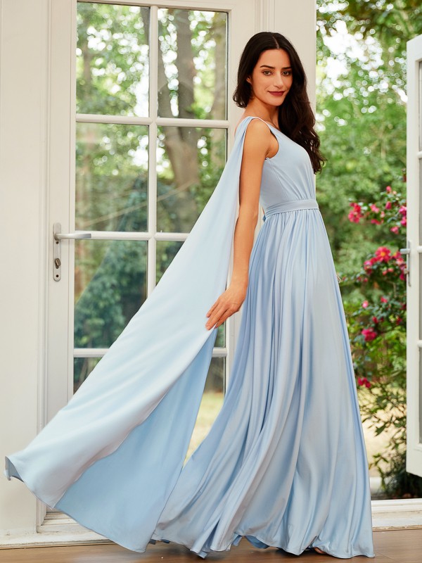 A-Line/Princess Jersey Ruffles One-Shoulder Sleeveless Floor-Length Dresses 3668