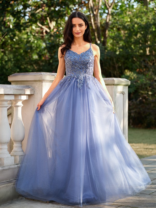 A-Line/Princess Tulle Applique V-neck Sleeveless Floor-Length Dresses 5221