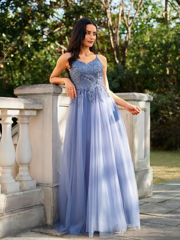 A-Line/Princess Tulle Applique V-neck Sleeveless Floor-Length Dresses 5221