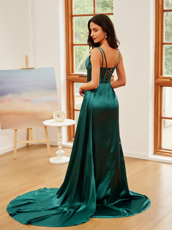 Sheath/Column Elastic Woven Satin Ruched V-neck Sleeveless Sweep/Brush Train Dresses 5945