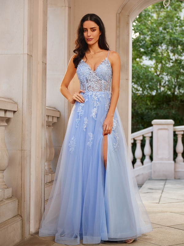 A-Line/Princess Tulle Applique V-neck Sleeveless Floor-Length Dresses 5222