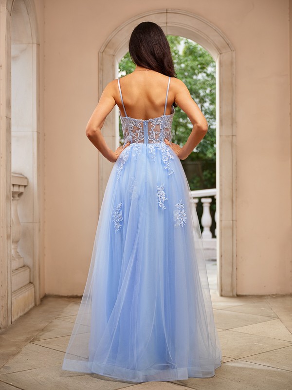 A-Line/Princess Tulle Applique V-neck Sleeveless Floor-Length Dresses 5222