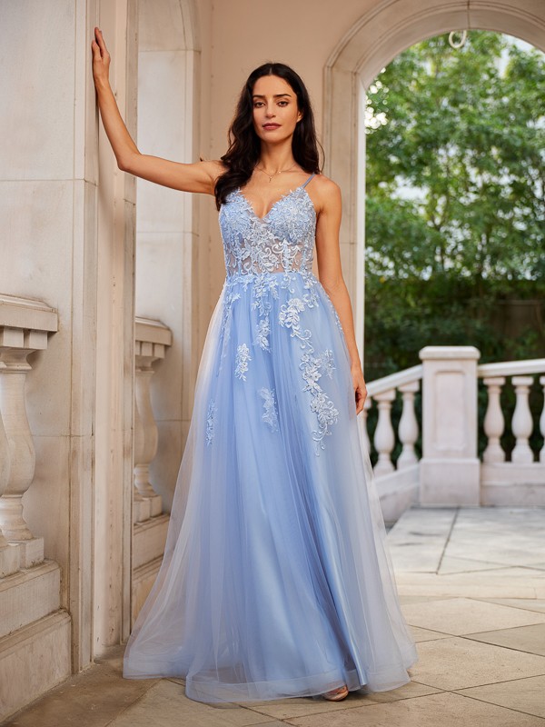 A-Line/Princess Tulle Applique V-neck Sleeveless Floor-Length Dresses 5222