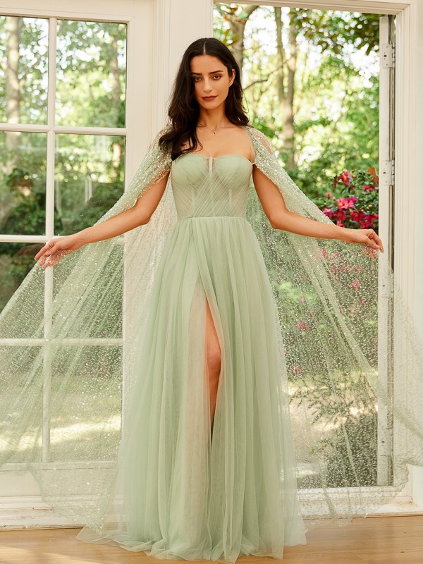 A-Line/Princess Tulle Ruched Straps Long Sleeves Floor-Length Dresses 5351