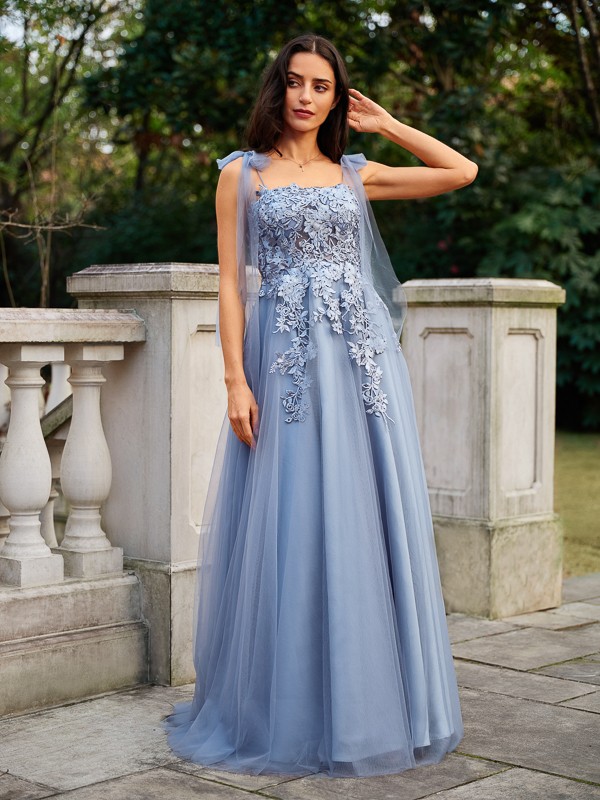 A-Line/Princess Tulle Applique Straps Sleeveless Floor-Length Dresses 3779