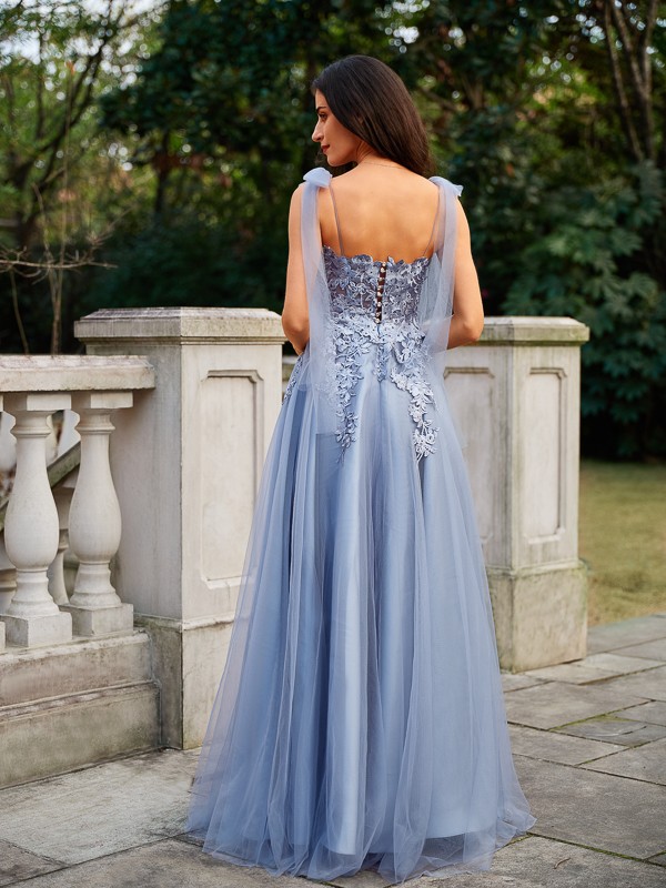 A-Line/Princess Tulle Applique Straps Sleeveless Floor-Length Dresses 3779