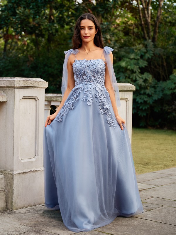 A-Line/Princess Tulle Applique Straps Sleeveless Floor-Length Dresses 3779