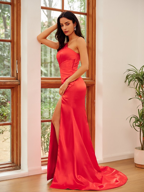 Sheath/Column Elastic Woven Satin Ruched One-Shoulder Sleeveless Sweep/Brush Train Dresses 5906