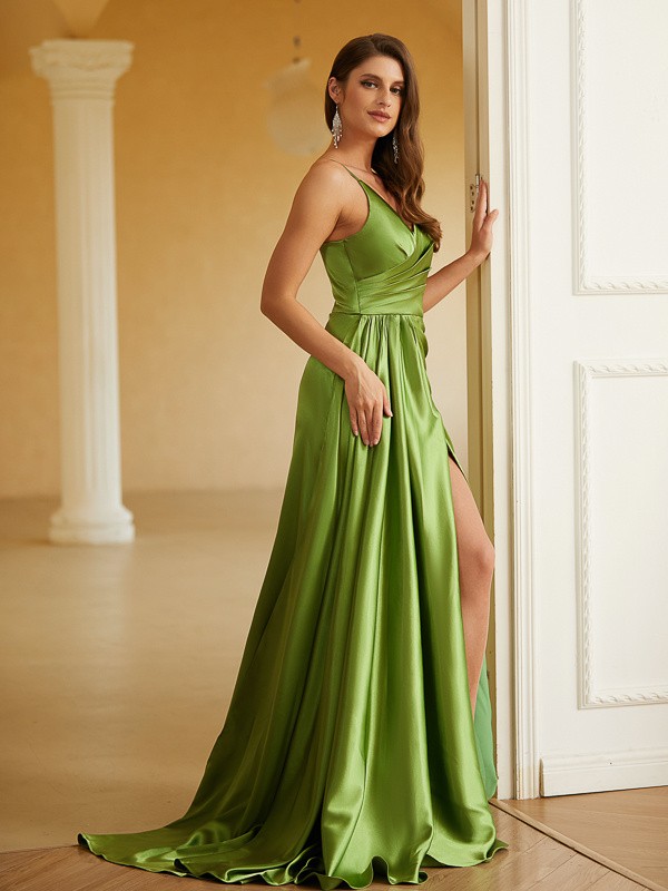 Sheath/Column Elastic Woven Satin Ruched V-neck Sleeveless Sweep/Brush Train Dresses 5946