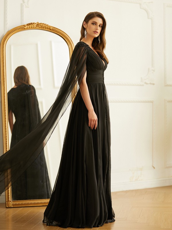 A-Line/Princess 30D Chiffon Ruched V-neck Long Sleeves Floor-Length Dresses 3328