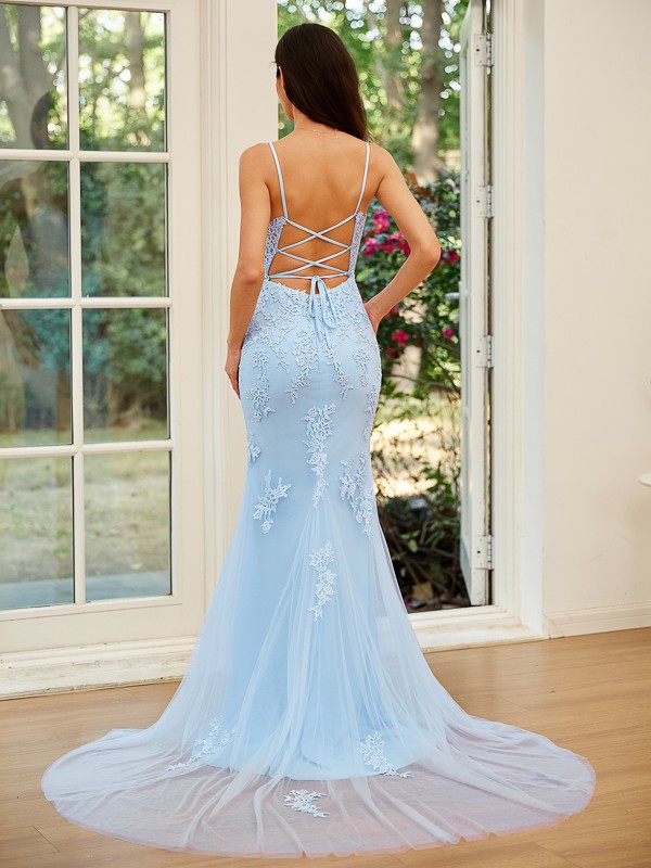 Sheath/Column Tulle Applique V-neck Sleeveless Court Train Dresses 6852