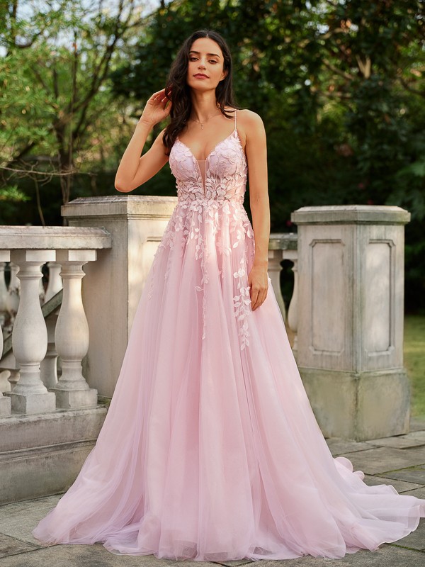 A-Line/Princess Tulle Applique V-neck Sleeveless Court Train Dresses 5208