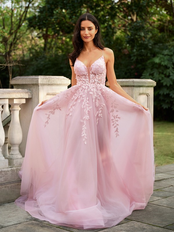 A-Line/Princess Tulle Applique V-neck Sleeveless Court Train Dresses 5208