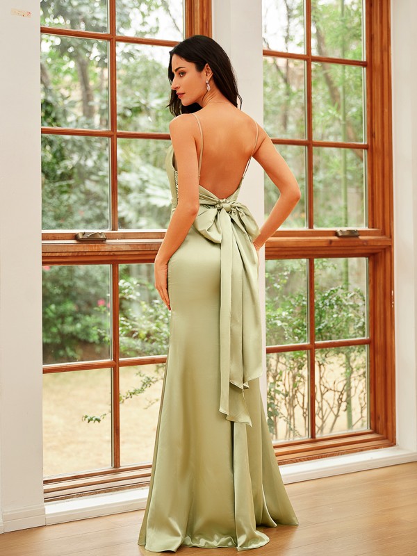 Sheath/Column Silk like Satin Ruched Spaghetti Straps Sleeveless Floor-Length Dresses 6532