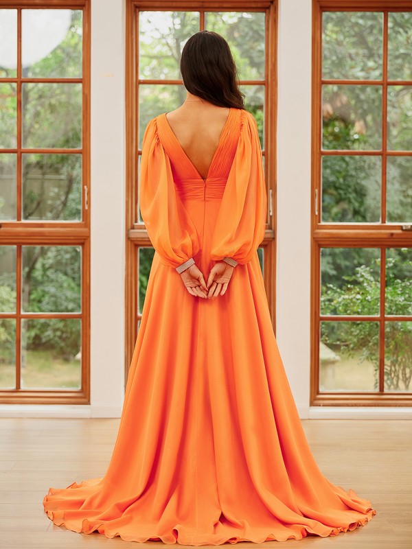 A-Line/Princess 30D Chiffon Ruffles V-neck Long Sleeves Sweep/Brush Train Dresses 3330