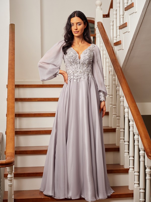 A-Line/Princess 30D Chiffon Applique V-neck Long Sleeves Floor-Length Dresses 3323