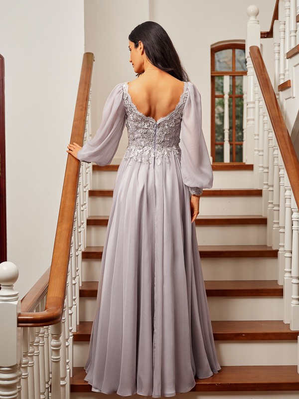 A-Line/Princess 30D Chiffon Applique V-neck Long Sleeves Floor-Length Dresses 3323