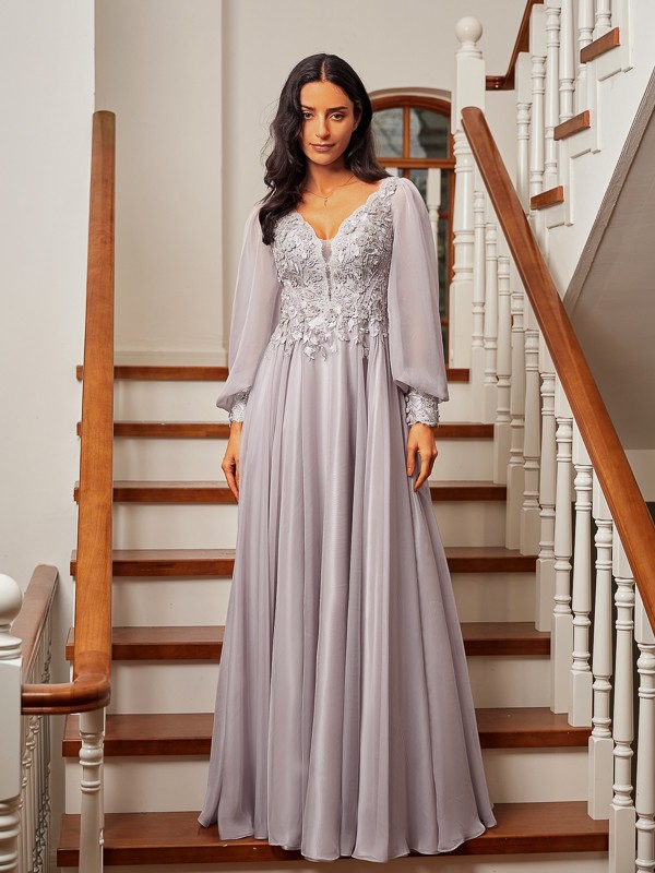 A-Line/Princess 30D Chiffon Applique V-neck Long Sleeves Floor-Length Dresses 3323