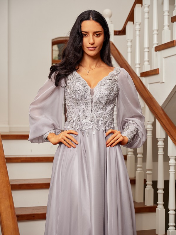 A-Line/Princess 30D Chiffon Applique V-neck Long Sleeves Floor-Length Dresses 3323