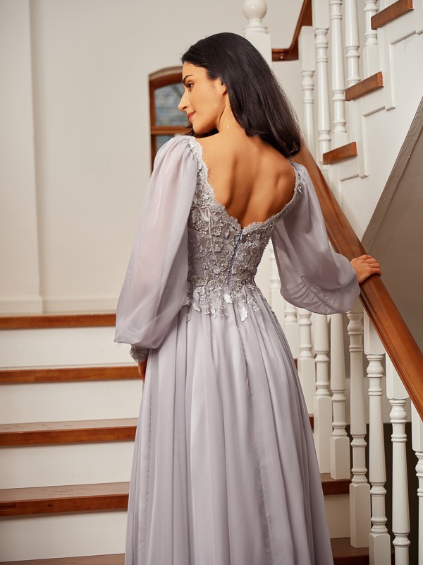 A-Line/Princess 30D Chiffon Applique V-neck Long Sleeves Floor-Length Dresses 3323