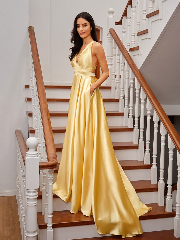 A-Line/Princess Silk like Satin Ruffles V-neck Sleeveless Court Train Dresses 4468