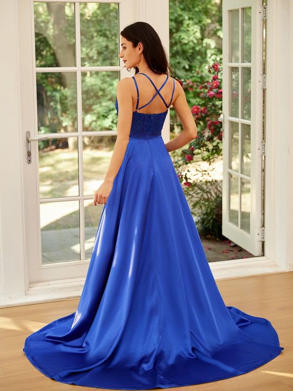 A-Line/Princess Silk like Satin Straps Sleeveless Sweep/Brush Train Dresses 3780