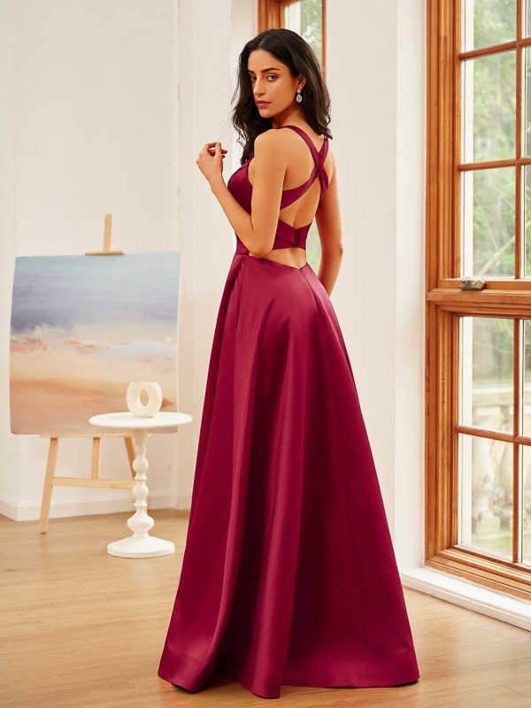 A-Line/Princess Charmeuse Ruffles V-neck Sleeveless Floor-Length Dresses 3437