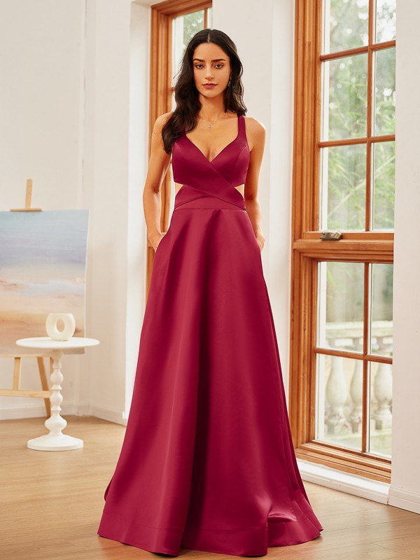 A-Line/Princess Charmeuse Ruffles V-neck Sleeveless Floor-Length Dresses 3437