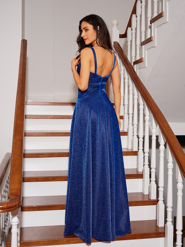 A-Line/Princess Ruched V-neck Sleeveless Floor-Length Dresses 3979