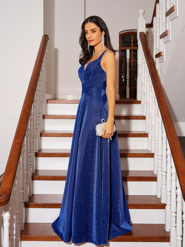 A-Line/Princess Ruched V-neck Sleeveless Floor-Length Dresses 3979