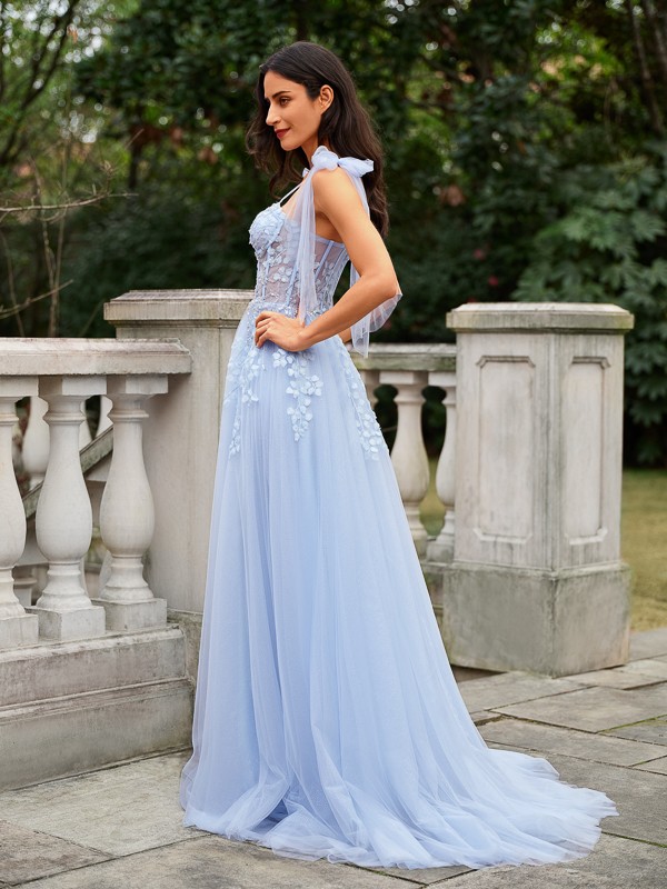 A-Line/Princess Tulle Applique Straps Sleeveless Sweep/Brush Train Dresses 5193