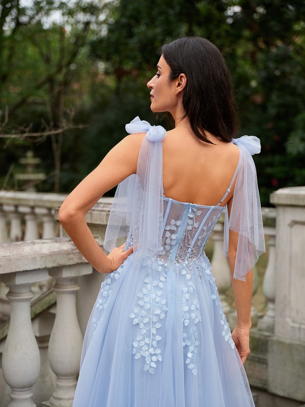 A-Line/Princess Tulle Applique Straps Sleeveless Sweep/Brush Train Dresses 5193