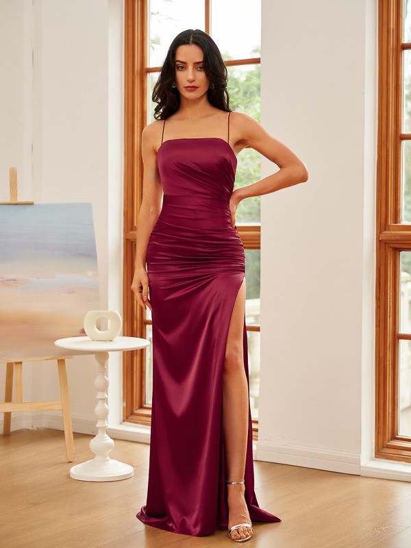 Sheath/Column Silk like Satin Ruched Spaghetti Straps Sleeveless Sweep/Brush Train Dresses 6541