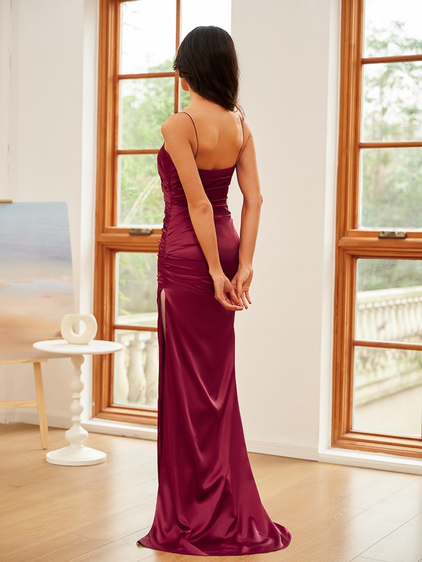 Sheath/Column Silk like Satin Ruched Spaghetti Straps Sleeveless Sweep/Brush Train Dresses 6541