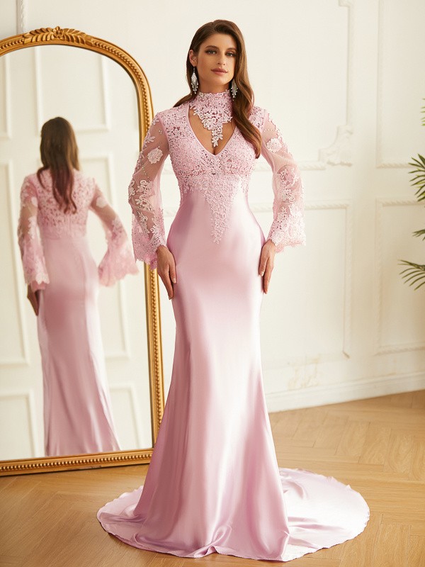 Sheath/Column Silk like Satin Lace High Neck Long Sleeves Sweep/Brush Train Dresses 6511