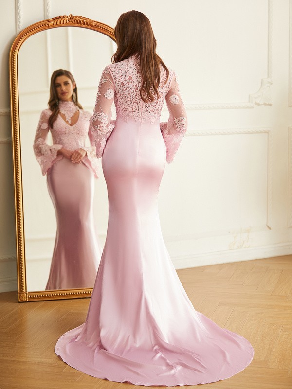 Sheath/Column Silk like Satin Lace High Neck Long Sleeves Sweep/Brush Train Dresses 6511