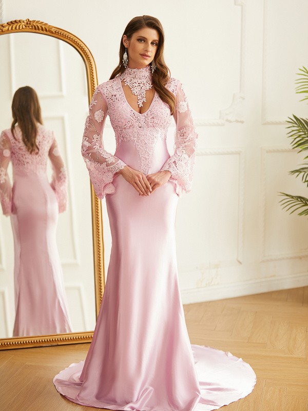 Sheath/Column Silk like Satin Lace High Neck Long Sleeves Sweep/Brush Train Dresses 6511