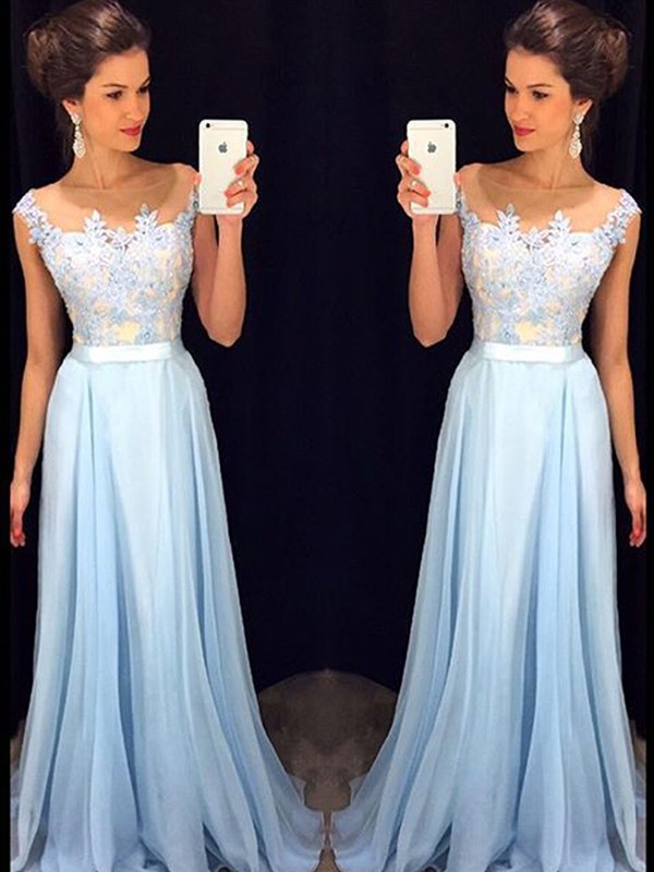 A-Line/Princess Sleeveless Sheer Neck Applique Chiffon Floor-Length Dresses 4585