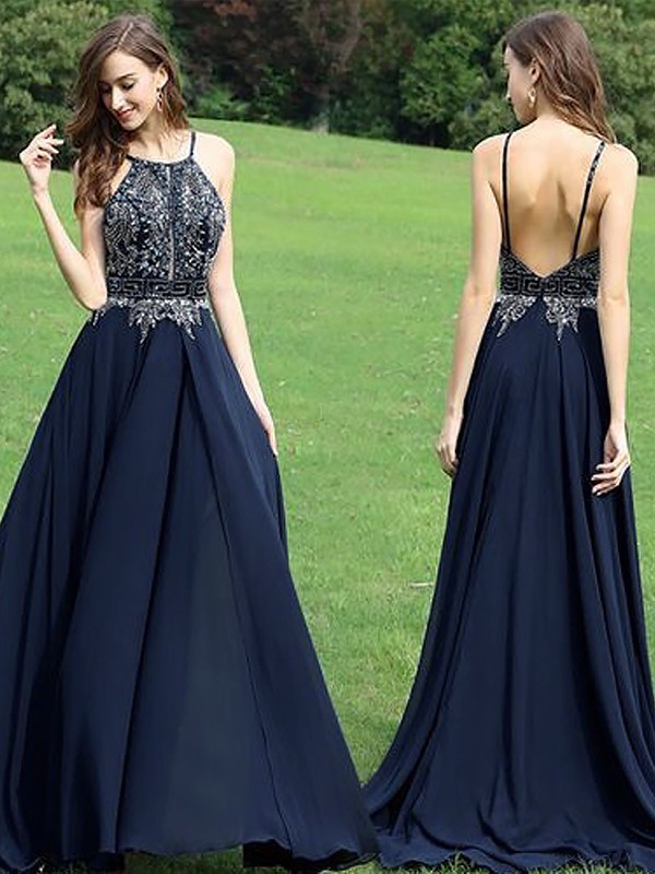 A-Line/Princess Sleeveless Halter Chiffon Beading Sweep/Brush Train Dresses 4511