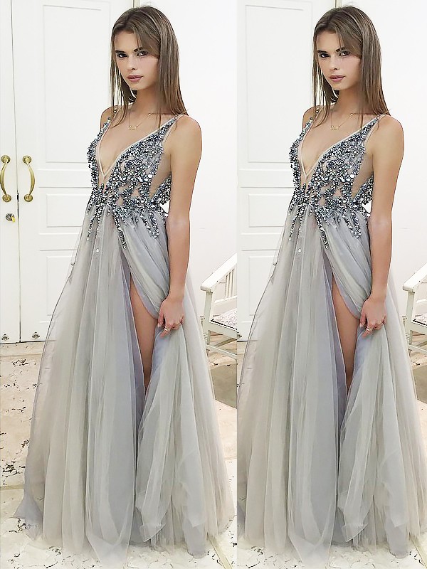 A-Line/Princess V-Neck Sleeveless Floor-Length Beading Tulle Dresses 5536